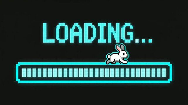 Retro 8-Bit Pixel Art Running Bunny on Glowing Loading Bar Animation Loop