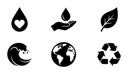 Fototapeta premium Eco-friendly Icons Set: Water Drop Heart, Hand Holding Water, Leaf, Wave, Planet Earth, Recycling Symbol, Vector Graphics for Sustainability and Conservation