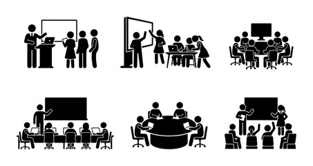 Fototapeta premium Business Meeting Icons, Presentation Silhouettes, Teamwork Graphics, Office Collaboration Vector Set
