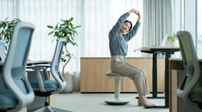 Workplace Wellbeing: Office employee stretching body beside a desk in a modern workspace 