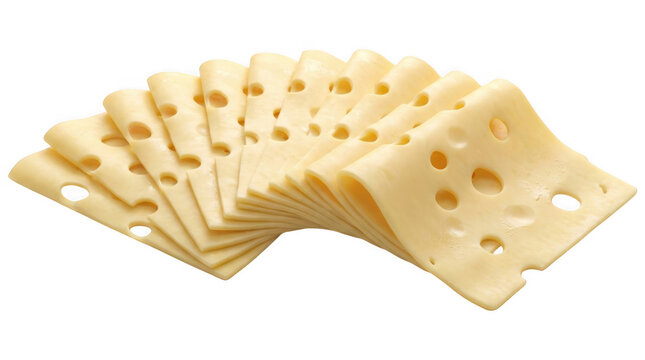 Sliced swiss cheese slices fanned out for food packaging and recipe photography