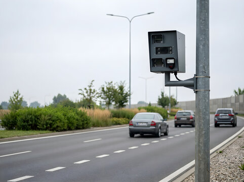 Modern Speed Camera Monitoring Traffic on a Busy Road for Safer Driving, Speed Enforcement, Vehicle Compliance and Transportation Safety
