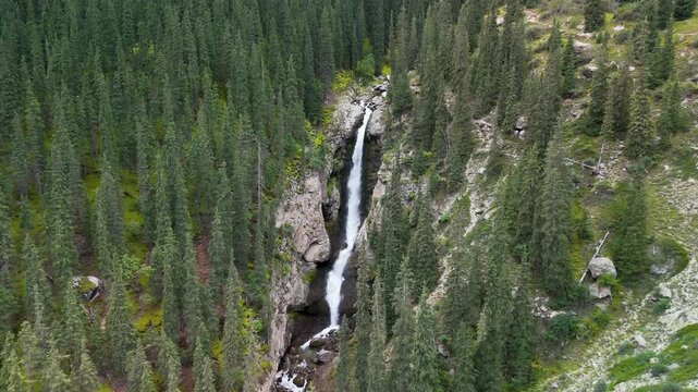 Aerial View of Chasha Manasa and Slez Barса Waterfalls, Gagarin Trail, Kyrgyzstan