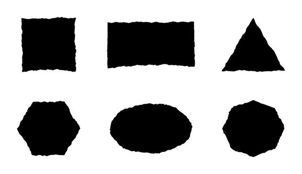 Set of 6 Black Geometric Shapes with Torn Edges, Vector Icons for Design Projects, Abstract Forms
