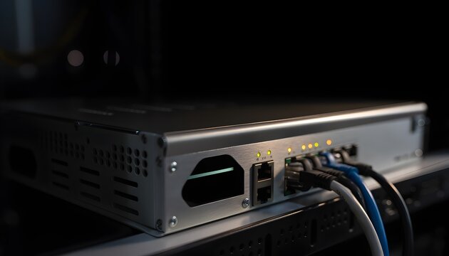 Professional hardware network switch router mounted in server rack cabinet showing connected ethernet cables and glowing green status LED indicator lights