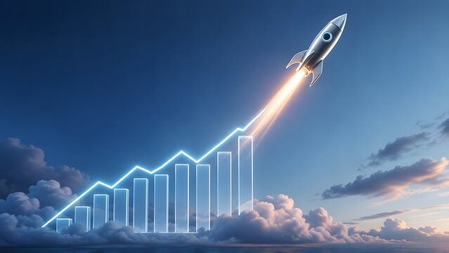 Silver space rocket launching above clouds with glowing blue upward trend line graph for exponential business growth