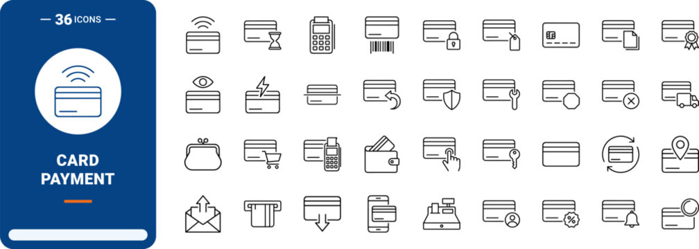 Credit Card Payment Web Icon Set in Linear Style. Collection of Card Checkout line icons, including transactions, contactless, checkout, billing, security, banking.