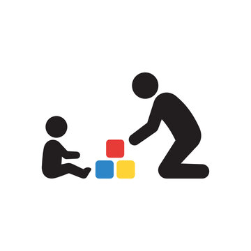 A simple icon illustration of a parent playing with a young child using colorful building blocks.