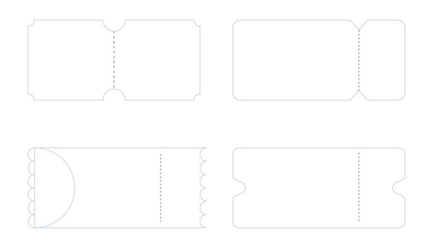 Set of blank ticket templates with different edge designs and perforated lines for events and admission isolated on transparent background