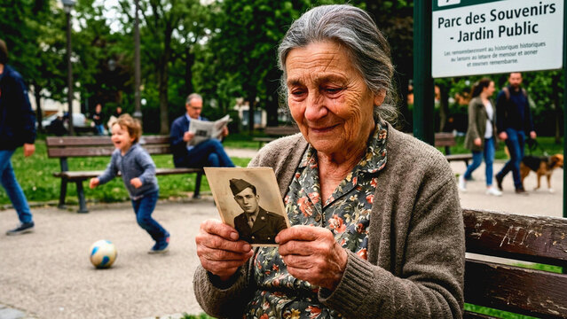Senior woman looking at a vintage photograph in a public park