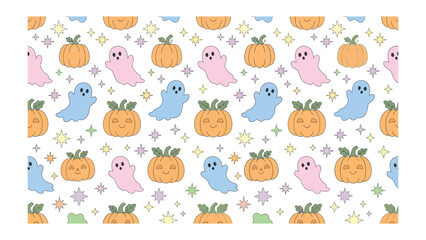 Fototapeta premium Spooky Cute Halloween Pattern: A delightful and whimsical pattern featuring cute pumpkins and friendly ghosts in pastel colors, adorned with sparkling stars, perfect for festive decorations.