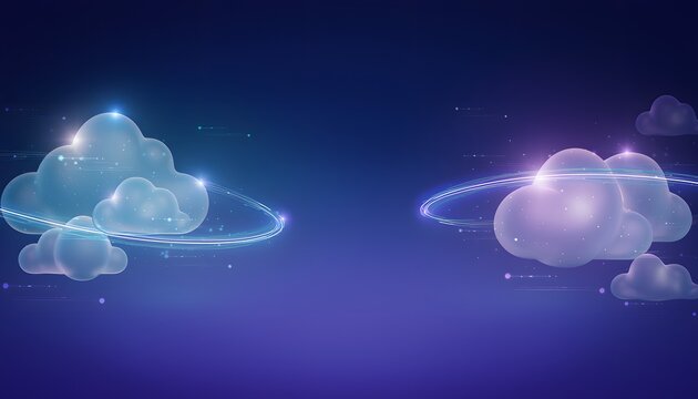 Abstract cloud computing technology illustration featuring glowing digital clouds connected by luminous light rings over a dark background