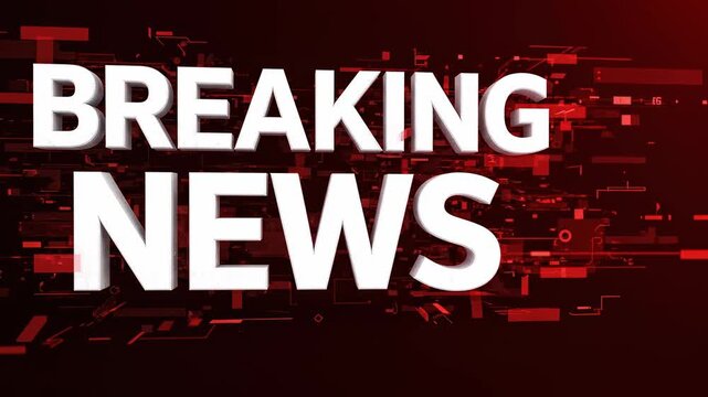An urgent breaking news animation featuring dynamic red digital fragments and a powerful broadcast alert.