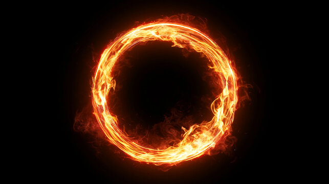 Fire ring with burning flame effect for circus show or magic performance, glowing fiery circle on isolated black background, dynamic orange and red blaze concept