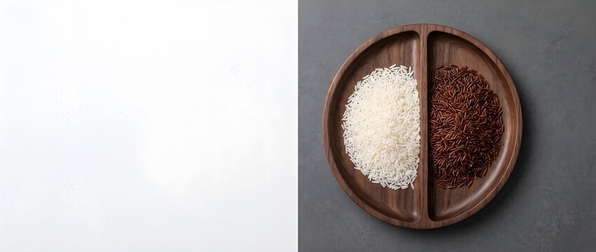 White and Brown Organic Raw Rice Grains Divided in Wooden Bowl Top View Isolated