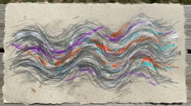 Abstract wave art on handmade paper incorporates purple orange and blue pencil strokes for vibrant creative craft projects.