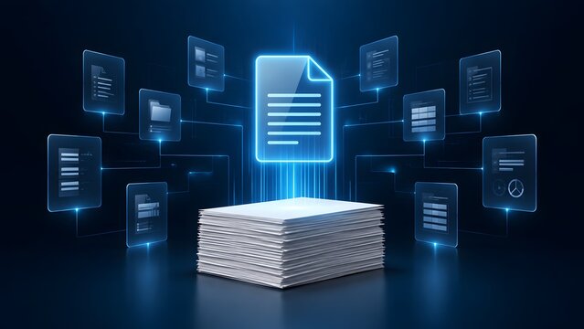 Glowing digital document network above a stack of physical papers representing electronic file organization and automated data workflow