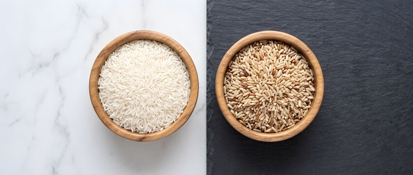 Split Screen Top View of White Rice and Brown Rice in Wooden Bowls
