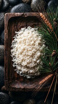 Overhead Shot of Raw Rice on Rustic Dark Wooden Plate with Wheat Stalks