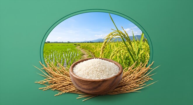 Surreal Frame Artwork of Wooden Bowl of Rice over Green Paddy Field Landscape