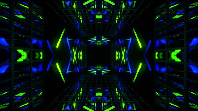 Green and Blue Neon Reflective Tunnel Background VJ Loop in 4K