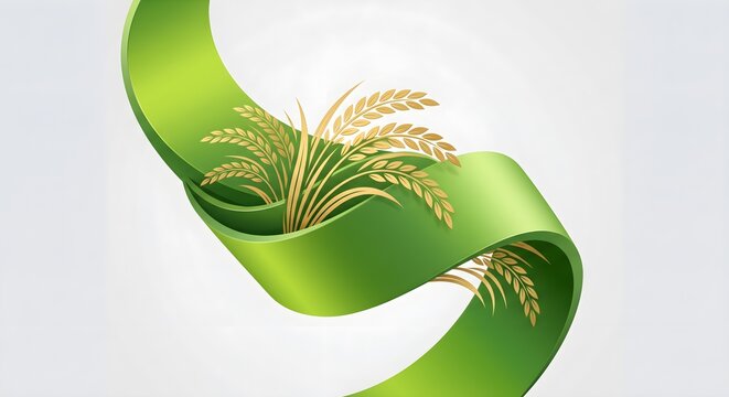 Elegant Green Ribbon Wrap Around Golden Paddy Ears Graphic Illustration