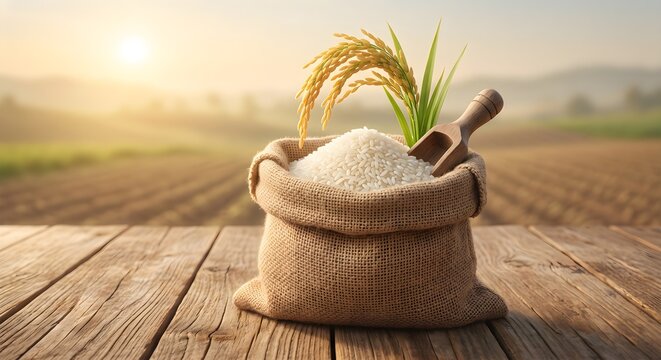 Small Jute Bag of White Rice with Wooden Scoop in Sunlit Agricultural Field