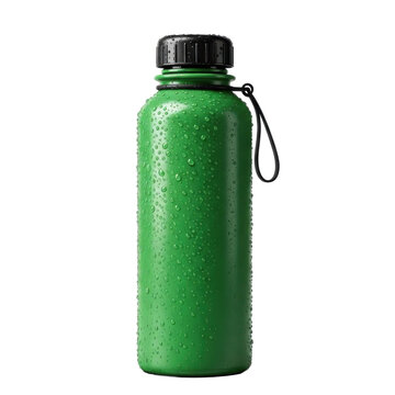 Green water bottle with carabiner on white background