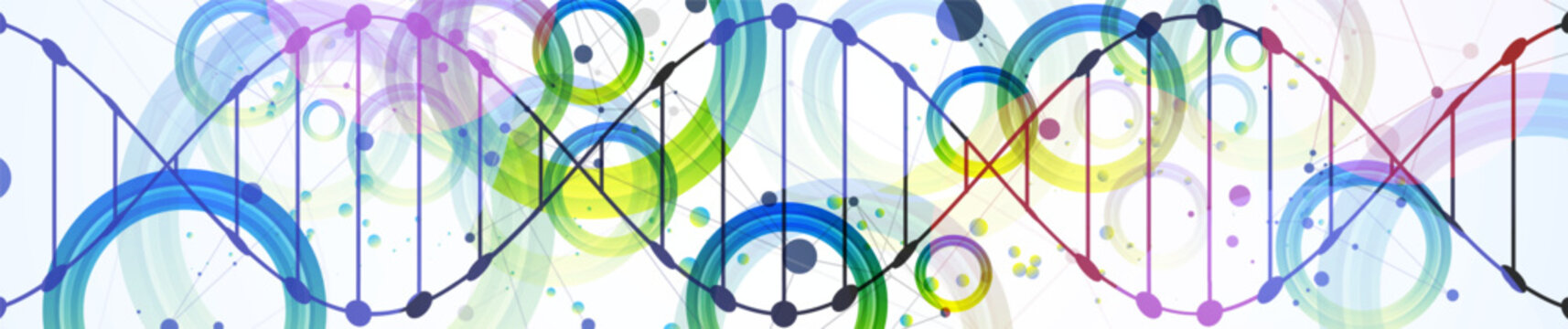 Abstract colorful DNA helix with digital plexus network and overlapping circles. Vector illustration