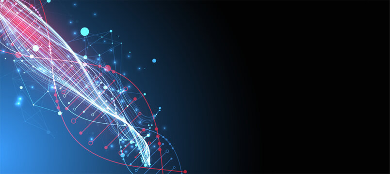 Abstract digital technology background with DNA helix structure and glowing neon light waves. Vector illustration.