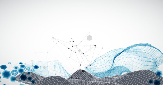 Grid geometric landscape with plexus particles and hexagonal elements. Vector template for tech banner or science presentation.
