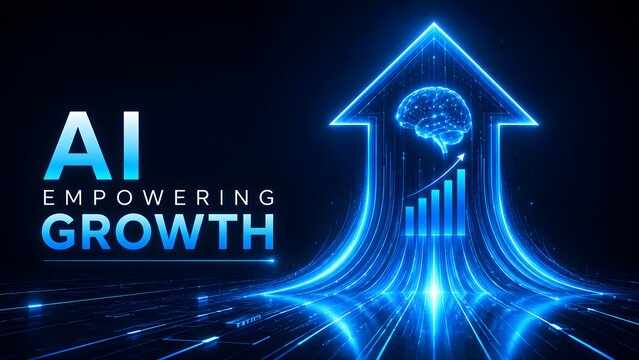 Futuristic glowing upward arrow with digital brain and bar chart representing artificial intelligence empowering growth and business progress