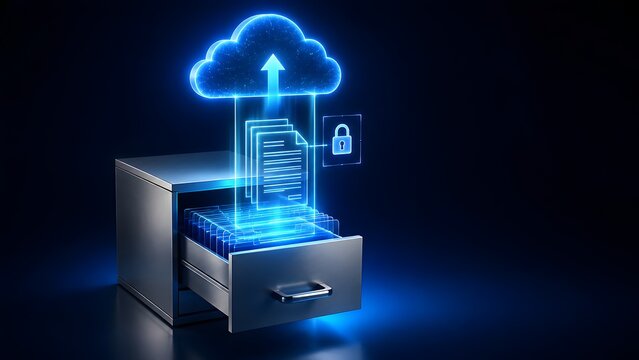 Open filing cabinet drawer with glowing digital document and lock icon uploading to a secure cloud storage network