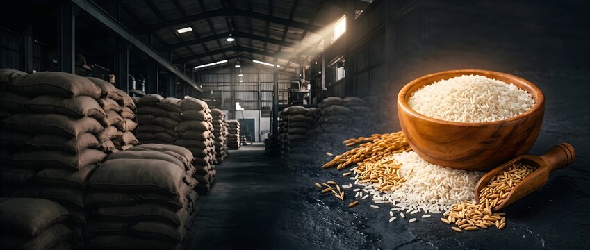 Large Wooden Bowl of Raw White Rice in Grain Warehouse with Stacks of Sacks