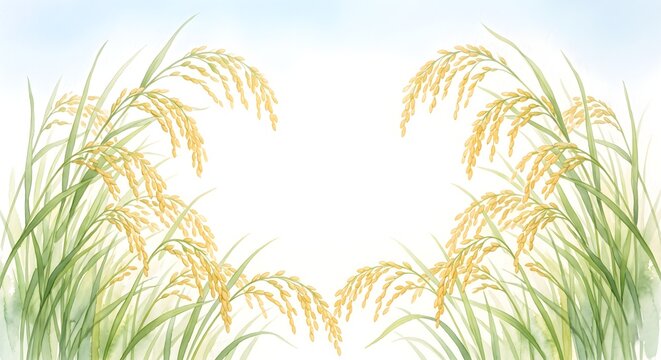 Symmetryical Watercolor Illustration of Ripe Golden Rice Bunches with Paddy Leaves