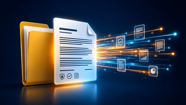 Secure digital document and yellow folder with glowing lock and shield icons representing encrypted data transfer and privacy