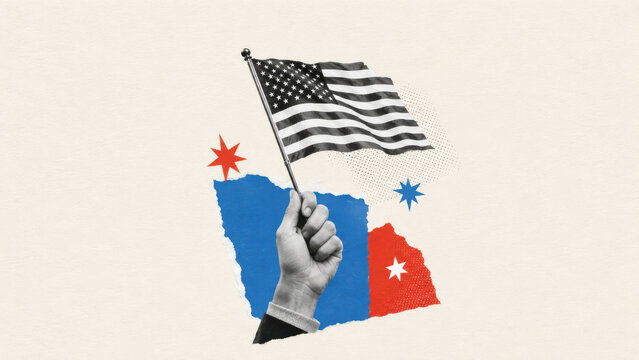 Hand waving a small American flag in monochrome above torn paper shapes and stars on a pale collage background with copy space
