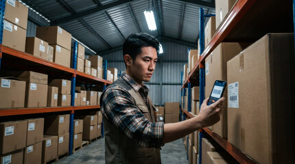 Fototapeta premium Focused Asian man using a smartphone to scan packages and manage inventory in a small warehouse.