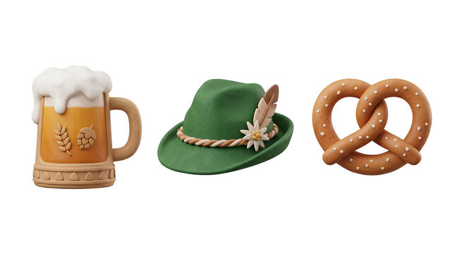 3d render icons of beer mug hat and pretzel on transparent background