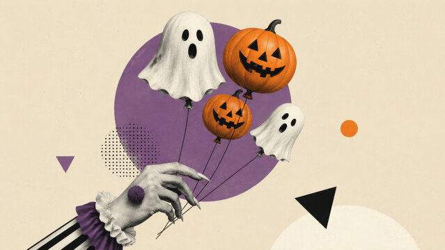 Clawed hand in a ruffled cuff holding a bunch of ghost and jack o lantern balloons on strings against a purple circle collage