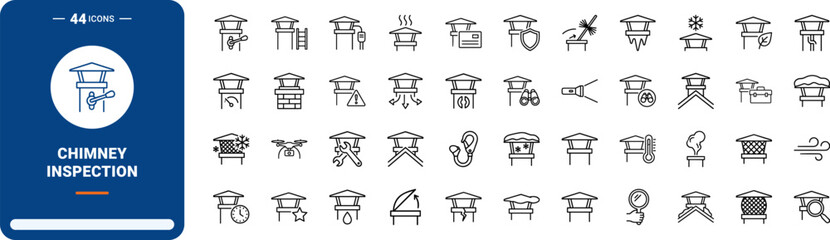 Naklejka premium Chimney Cap Winter Roof Check Web Icon Set in Linear Style. Collection of Flue Inspection line icons, including roof inspection, winter maintenance, snow clearing, damper check, draft safety.