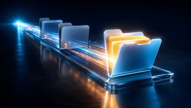 Glowing digital folders sliding along a glass track with fast light streams representing high speed data transfer and network file migration