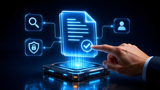Businessman hand touching a glowing digital document hologram with verification checkmark and security icons representing secure identity authentication