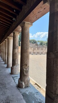 Ancient Roman Courtyard with Columns in a Pompeii House, Italy