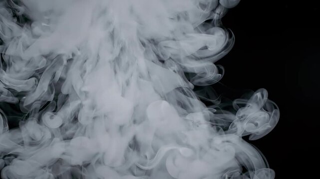 Captivating white smoke expands and swirls gracefully in slow motion against a deep black backdrop, forming intricate and ethereal patterns, perfect for overlays or backgrounds.