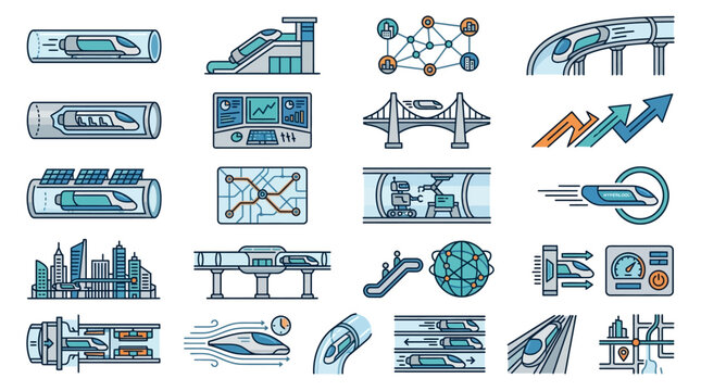 Future Transportation and Hyperloop Bullet Train Icon Set: High Speed Transit, Underground Tunnel, Smart City Infrastructure and Route Map Vector Icons