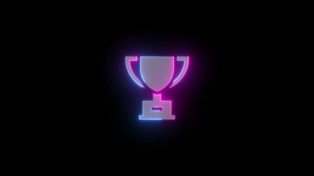 Neon world cup champions trophy prize isolated on black background. Animation of bright neon cricket cup and football world cup icon background.
