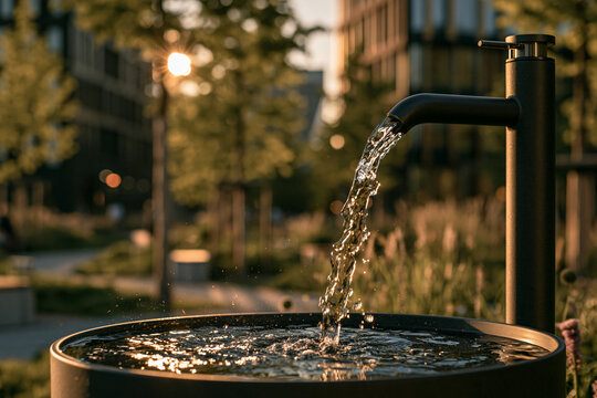 Urban drinking water fountain in a city park during sunset