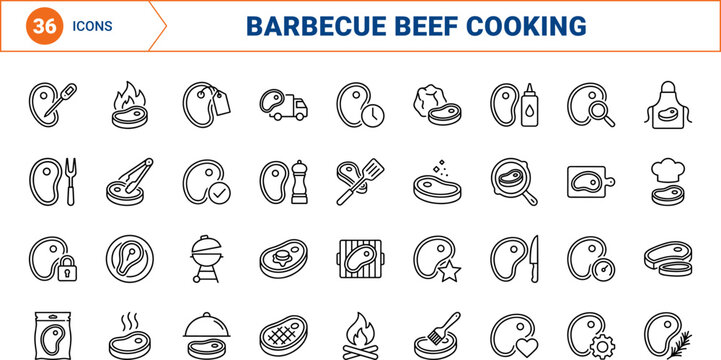 Steak Grilling Web Icon Set in Linear Style. Collection of Beef Barbecue line icons, including grilling, cookware, seasoning, butchery, temperature, preparation.