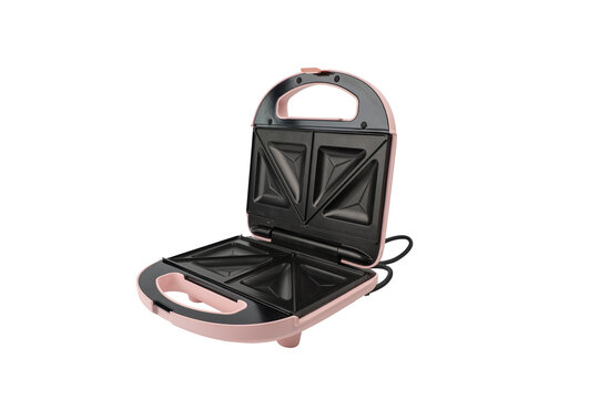 An open pink sandwich toastie maker reveals its black non-stick triangle plates and hinge, photographed on a plain white background.